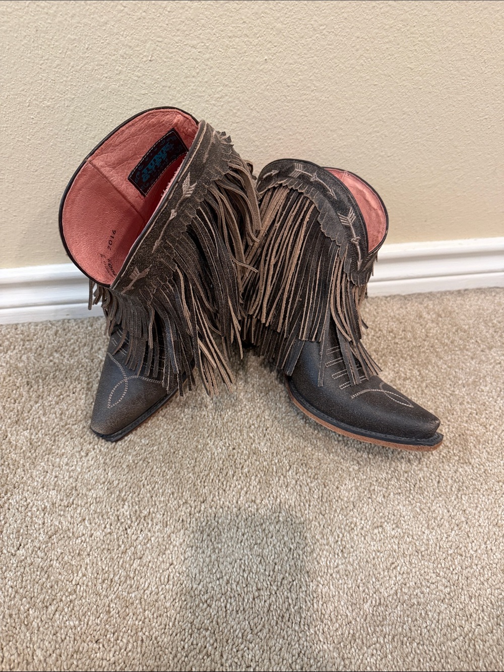 Brown Suede Fringe Western Boots with Pink Lining. NEVER WORN